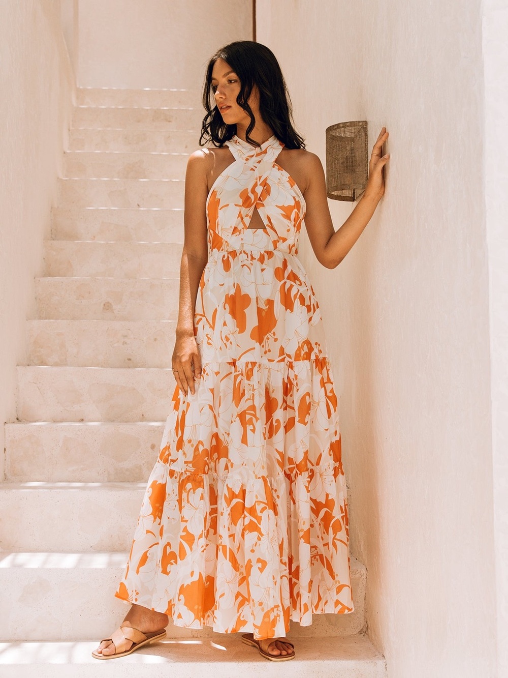 Fortunateone NWT med  floral crossover v-neck maxi dress coastal feminine vacay